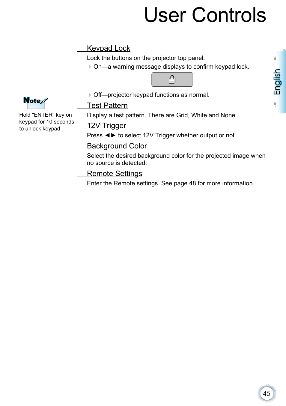 User controls | Optoma EH415e User Manual | Page 46 / 89