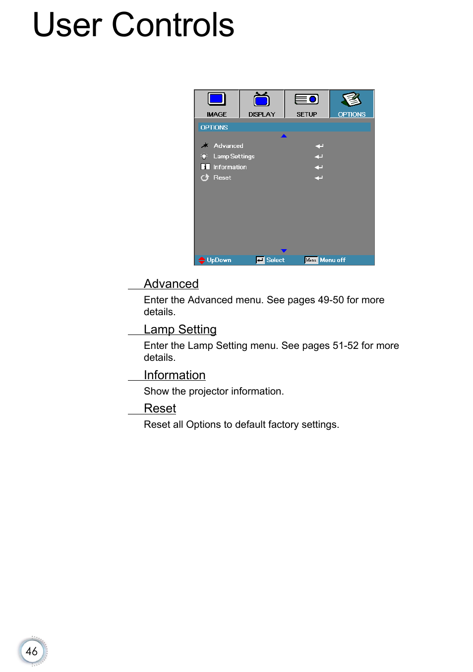 User controls | Optoma EH415e User Manual | Page 47 / 89