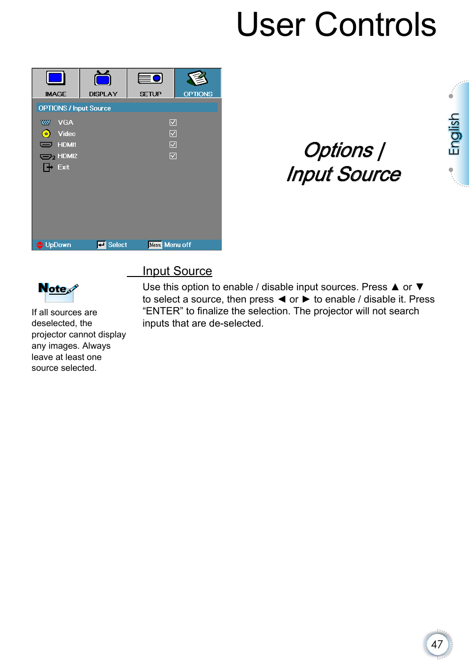 Options | input source, User controls | Optoma EH415e User Manual | Page 48 / 89