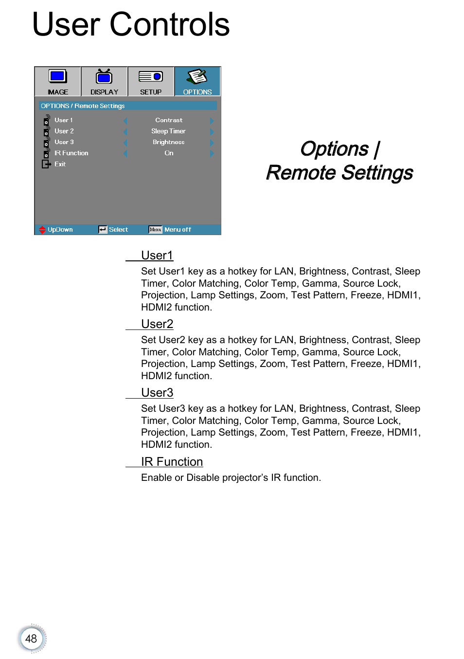 Options | remote settings, User controls | Optoma EH415e User Manual | Page 49 / 89