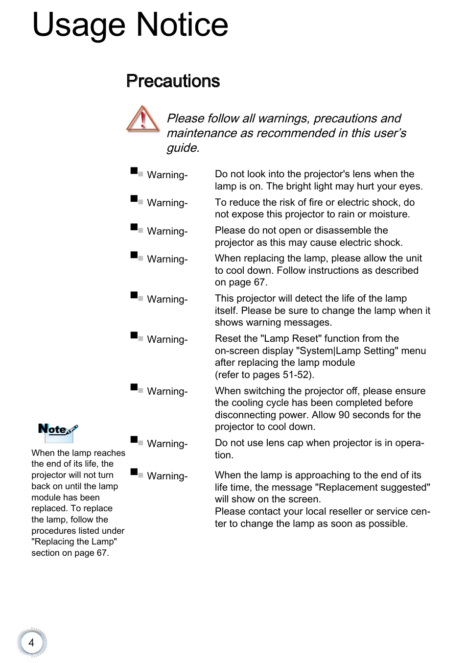 Precautions, Usage notice | Optoma EH415e User Manual | Page 5 / 89