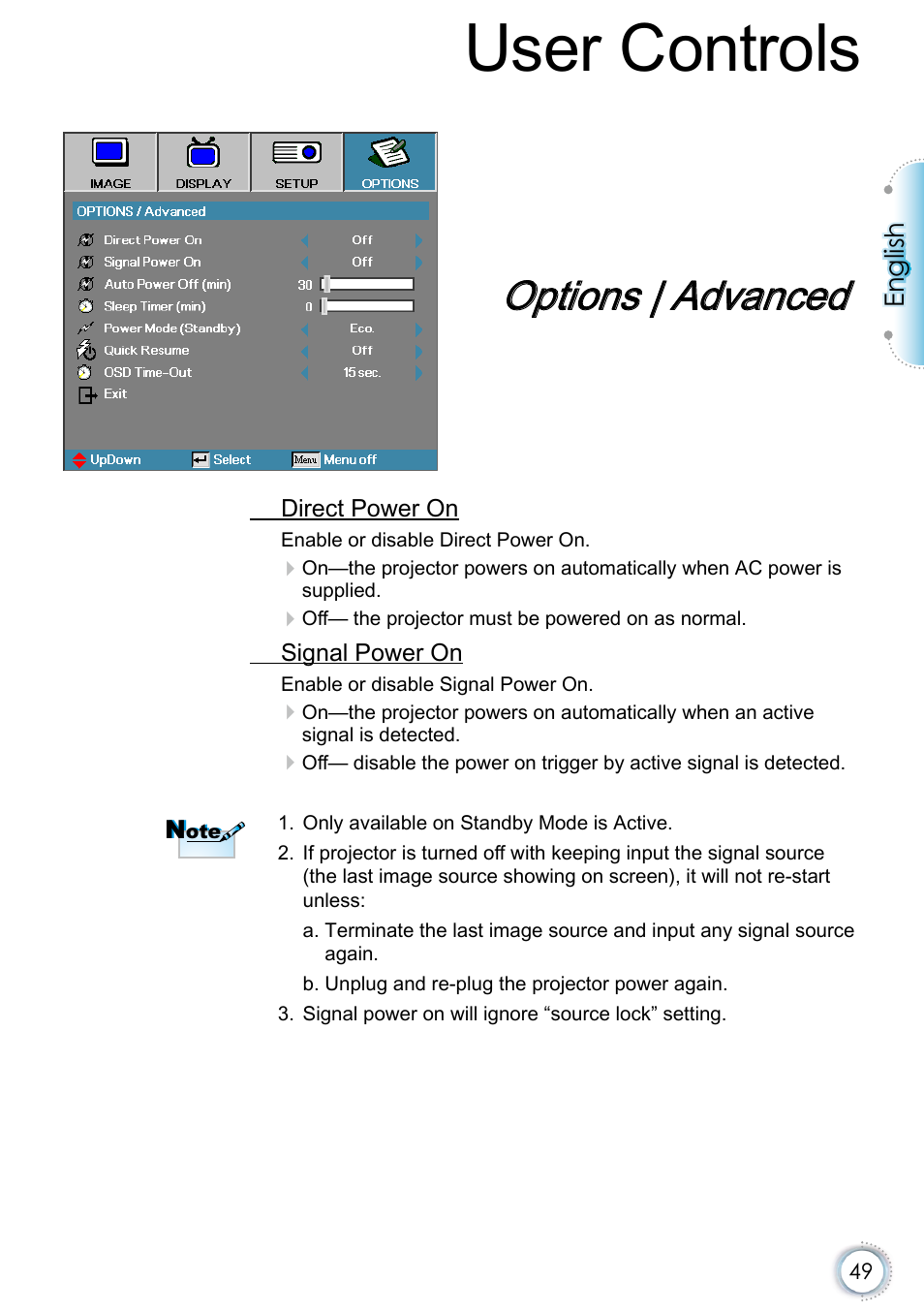 Options | advanced, User controls | Optoma EH415e User Manual | Page 50 / 89
