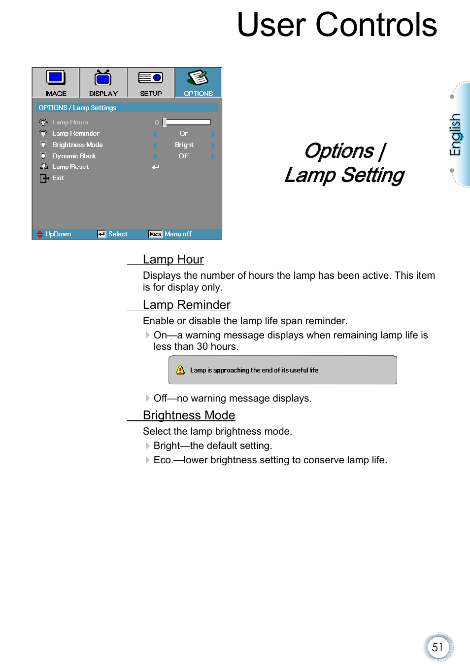 Options | lamp setting, User controls | Optoma EH415e User Manual | Page 52 / 89