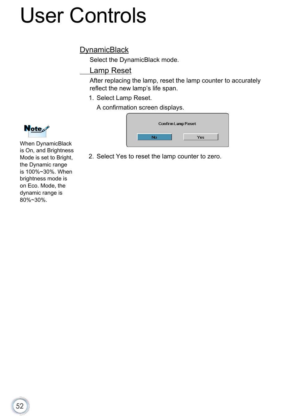 52 for more, User controls | Optoma EH415e User Manual | Page 53 / 89
