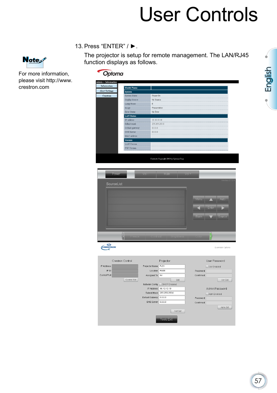 User controls | Optoma EH415e User Manual | Page 58 / 89