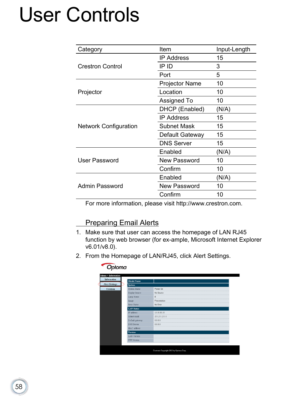 User controls | Optoma EH415e User Manual | Page 59 / 89