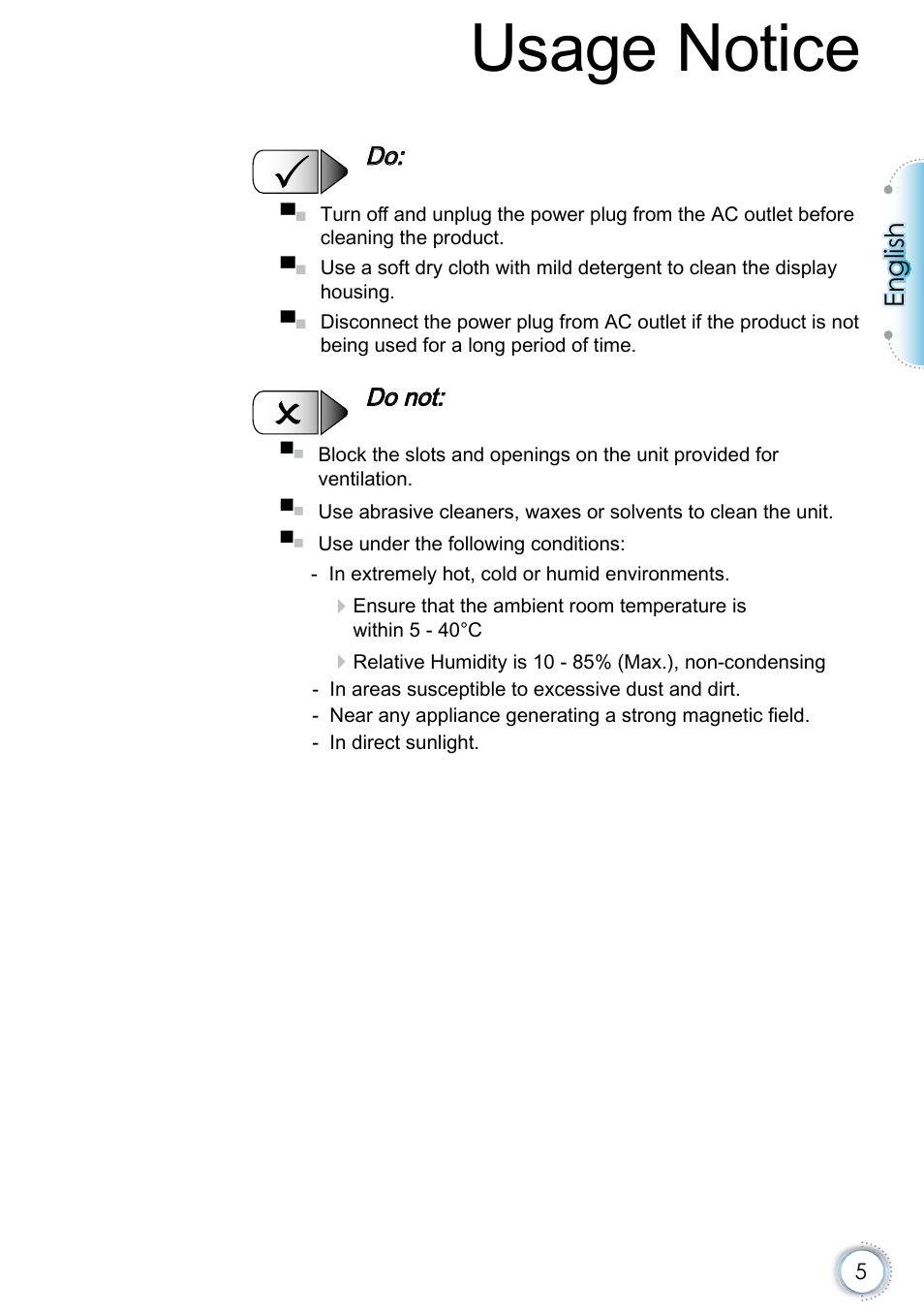 Usage notice, English | Optoma EH415e User Manual | Page 6 / 89