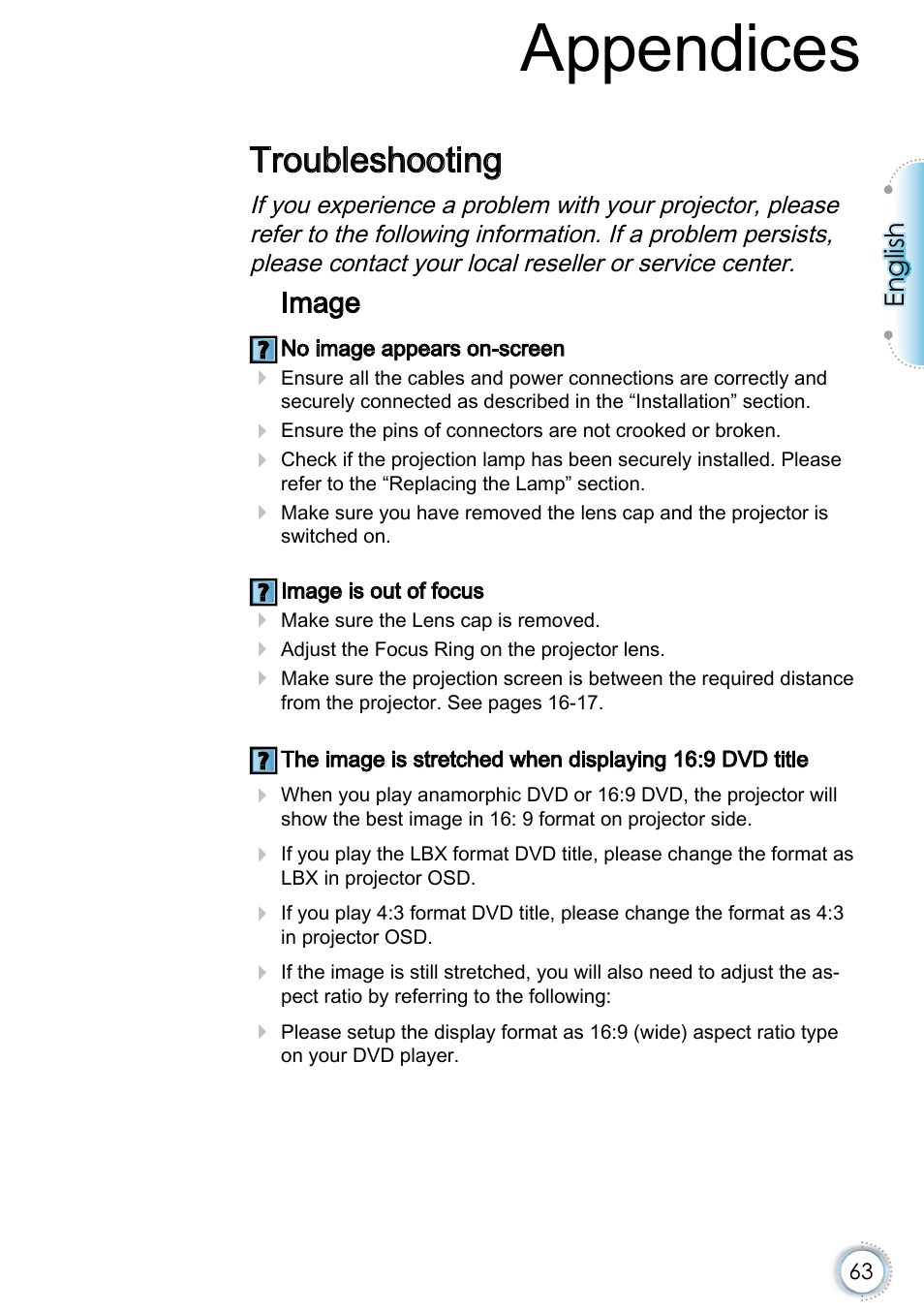 Appendices, Troubleshooting, Image | English | Optoma EH415e User Manual | Page 64 / 89