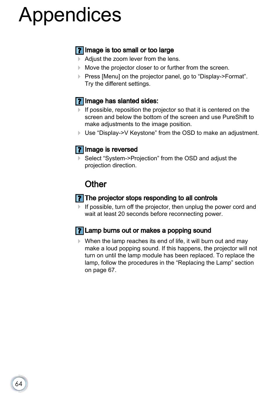 Other, Appendices | Optoma EH415e User Manual | Page 65 / 89