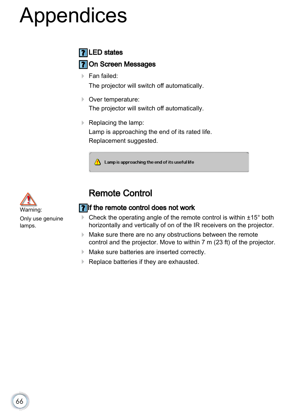 Remote control, Appendices | Optoma EH415e User Manual | Page 67 / 89