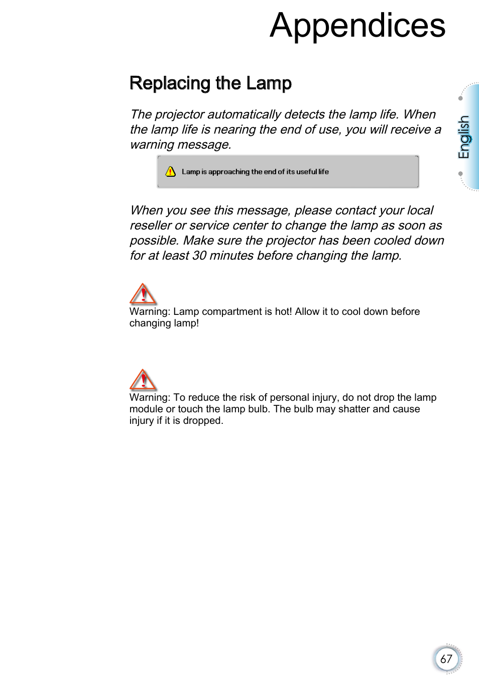Replacing the lamp, Appendices | Optoma EH415e User Manual | Page 68 / 89