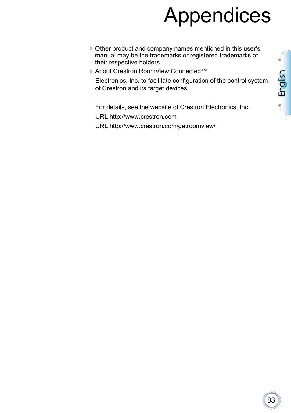 Appendices | Optoma EH415e User Manual | Page 84 / 89