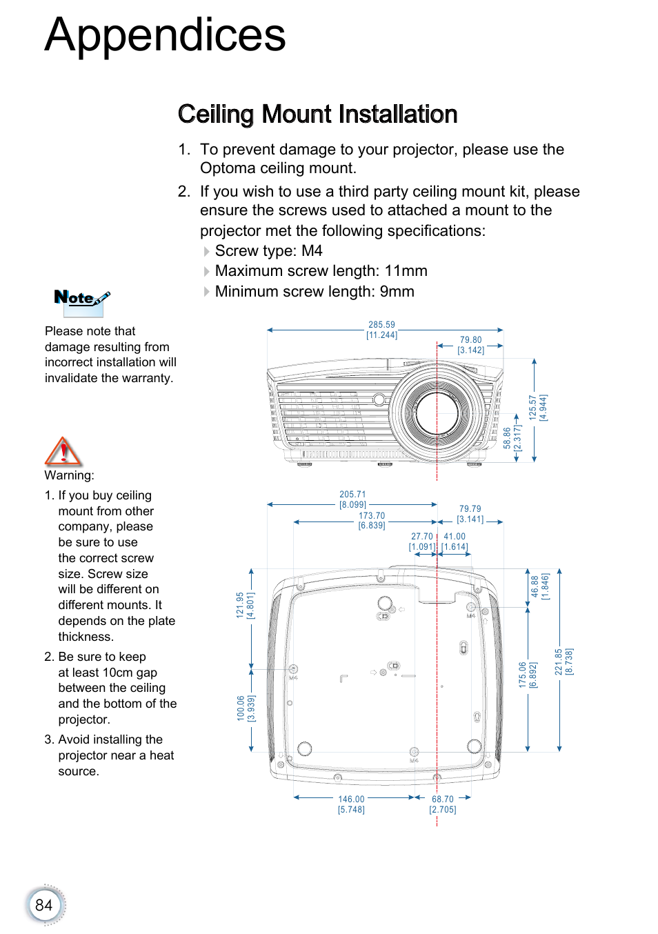 Ceiling mount installation, Appendices, Screw type: m4 | Maximum screw length: 11mm, Minimum screw length: 9mm | Optoma EH415e User Manual | Page 85 / 89