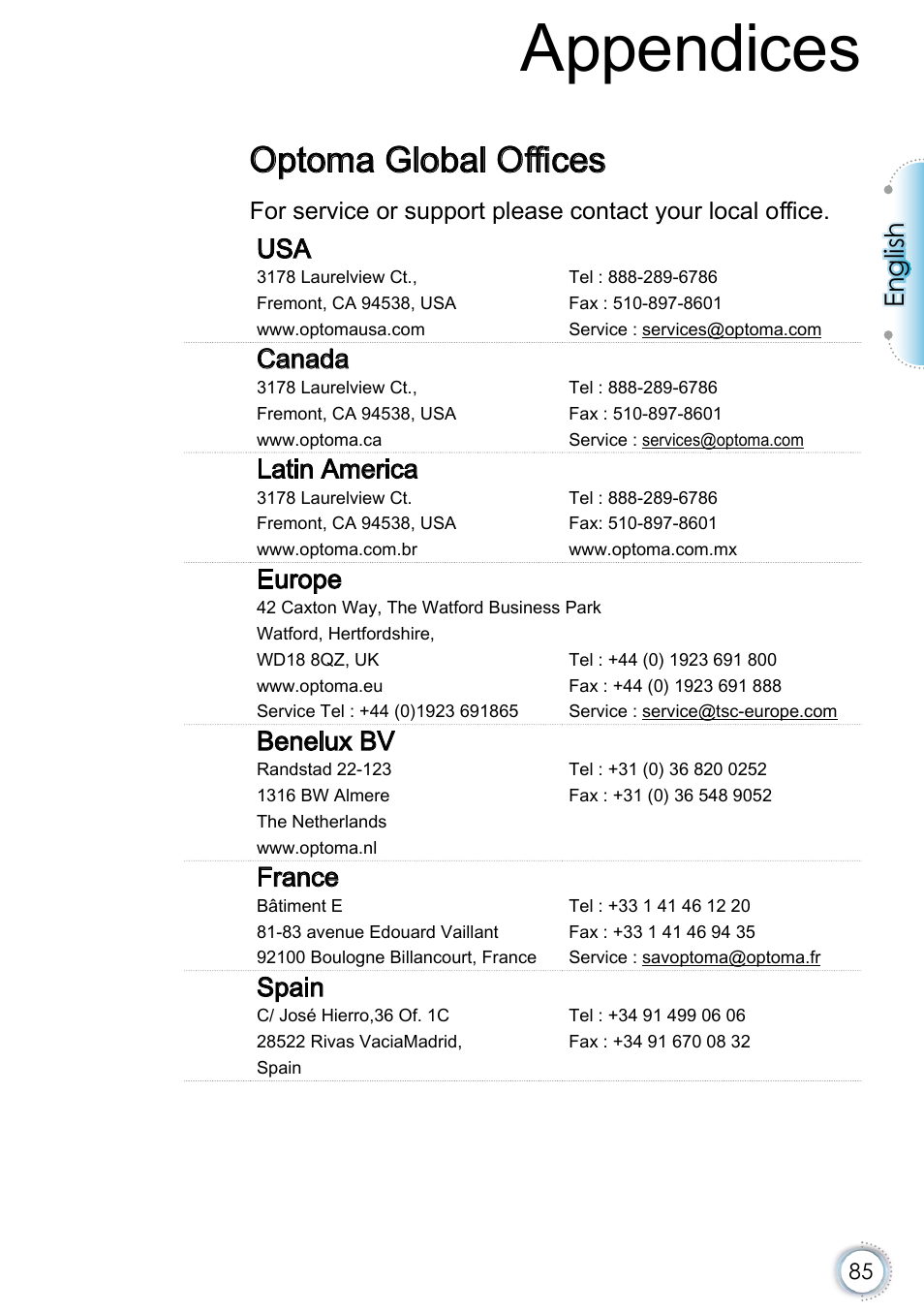 Optoma global offices, Appendices, English | Canada, Latin america, Europe, Benelux bv, France, Spain | Optoma EH415e User Manual | Page 86 / 89