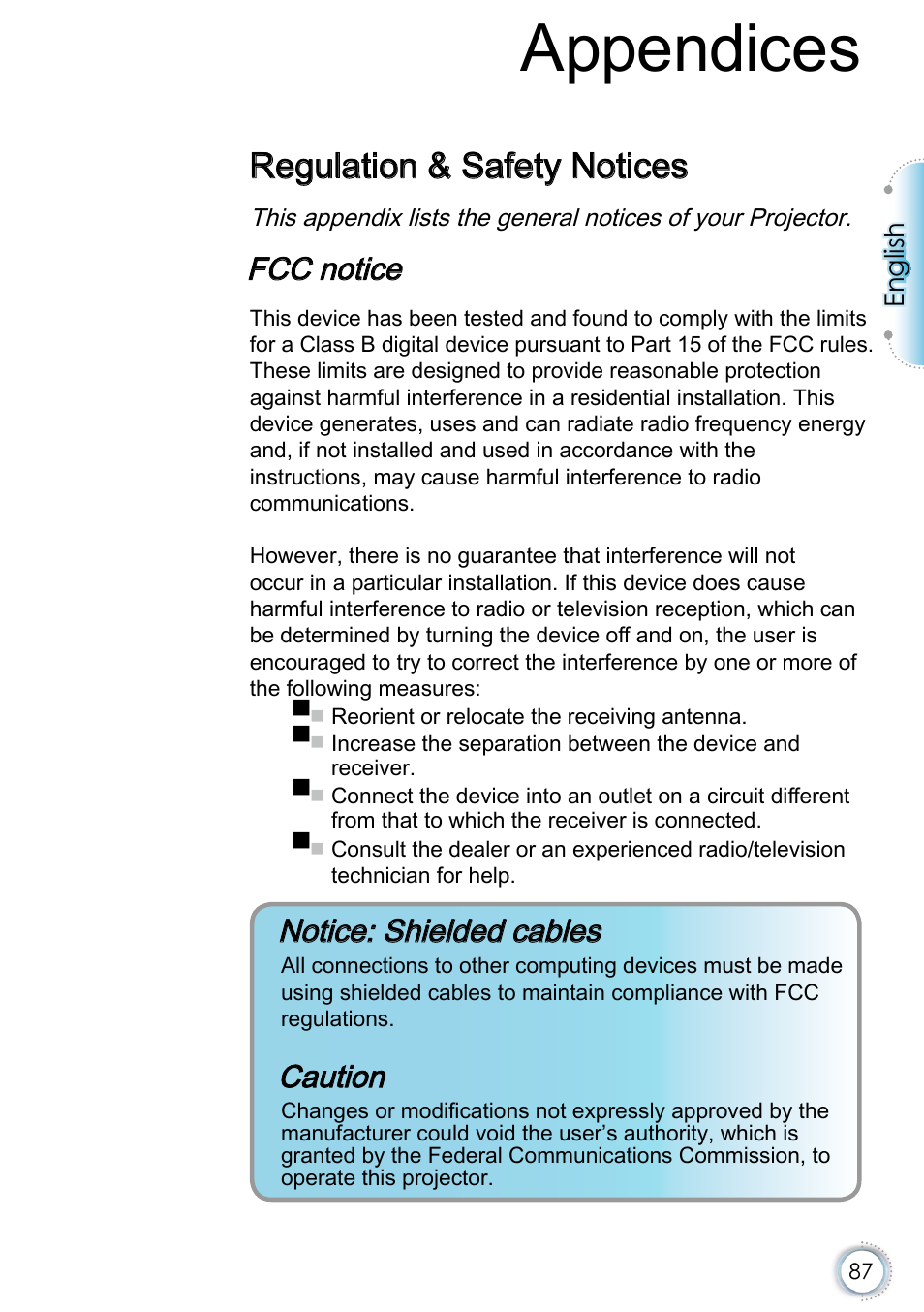 Regulation & safety notices, Appendices, Fcc notice | Notice: shielded cables, Caution | Optoma EH415e User Manual | Page 88 / 89