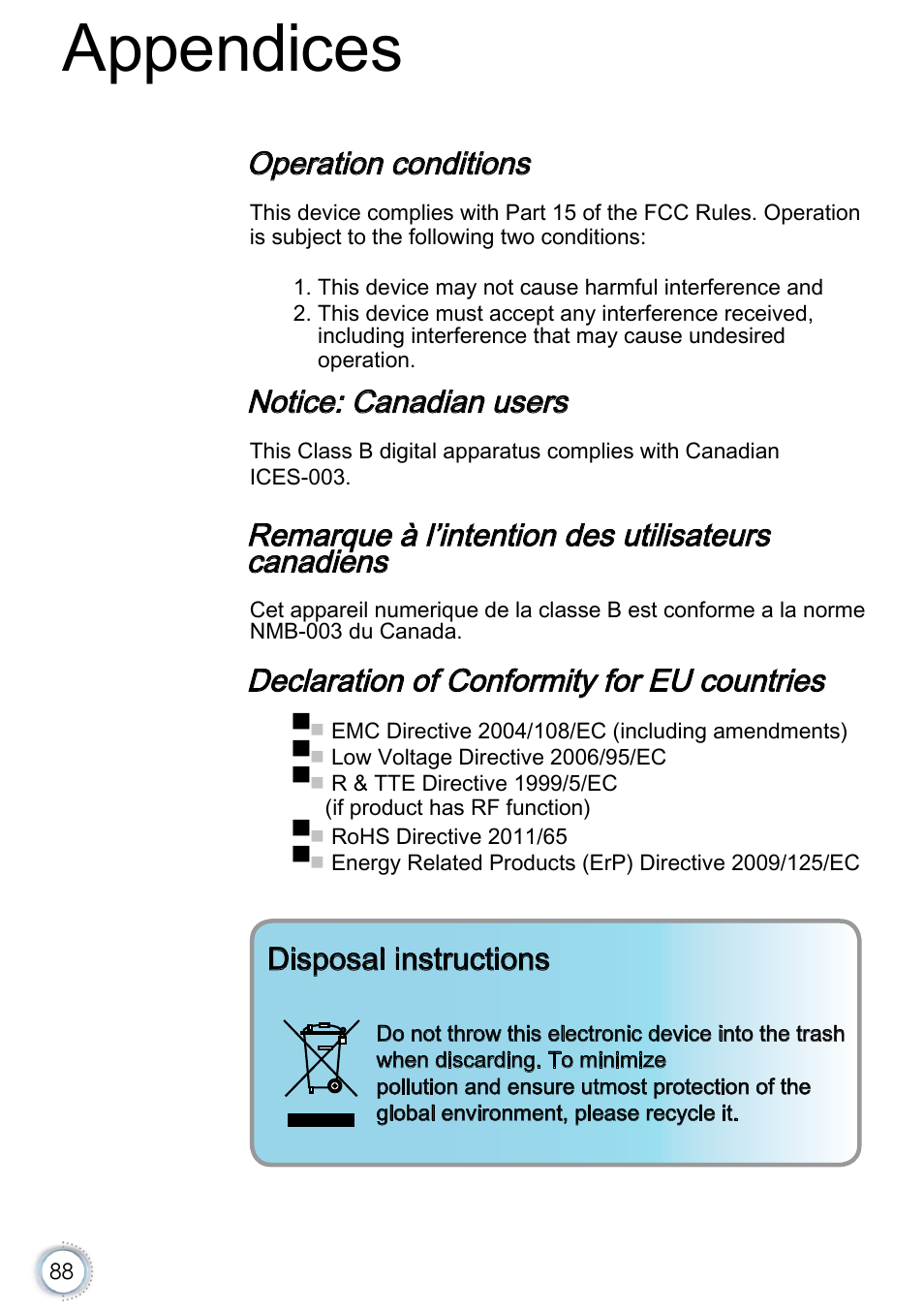 Appendices, Operation conditions, Notice: canadian users | Remarque à l’intention des utilisateurs canadiens, Declaration of conformity for eu countries, Disposal instructions | Optoma EH415e User Manual | Page 89 / 89