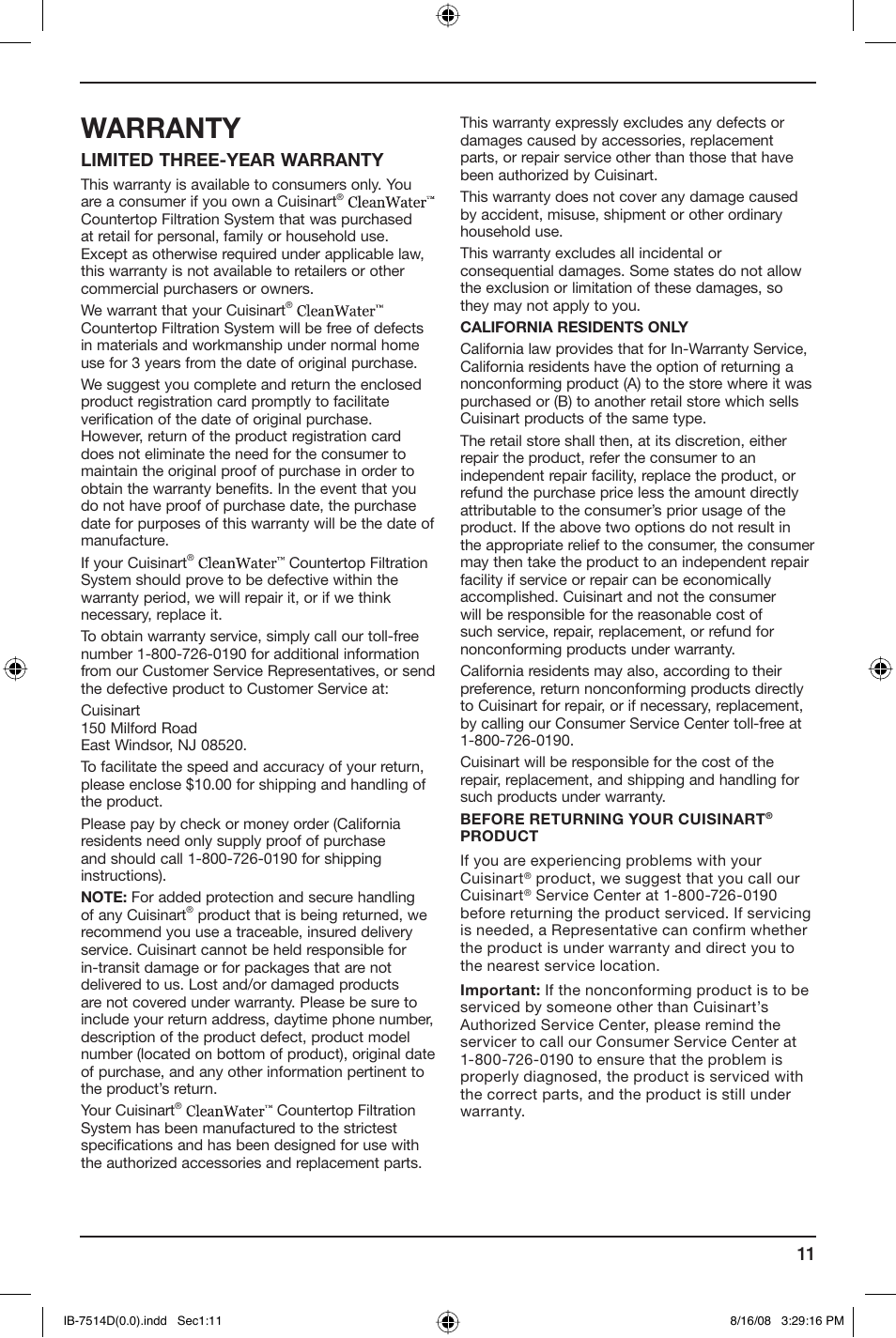 Warranty, Limited three-year warranty | Cuisinart WCH-950 User Manual | Page 11 / 13
