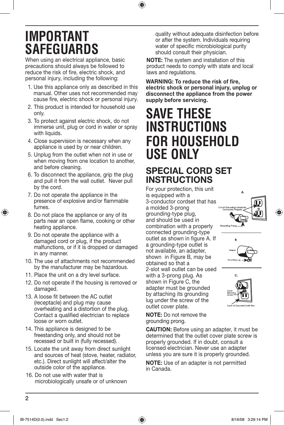 Important safeguards, Save these instructions for household use only, Special cord set instructions | Cuisinart WCH-950 User Manual | Page 2 / 13