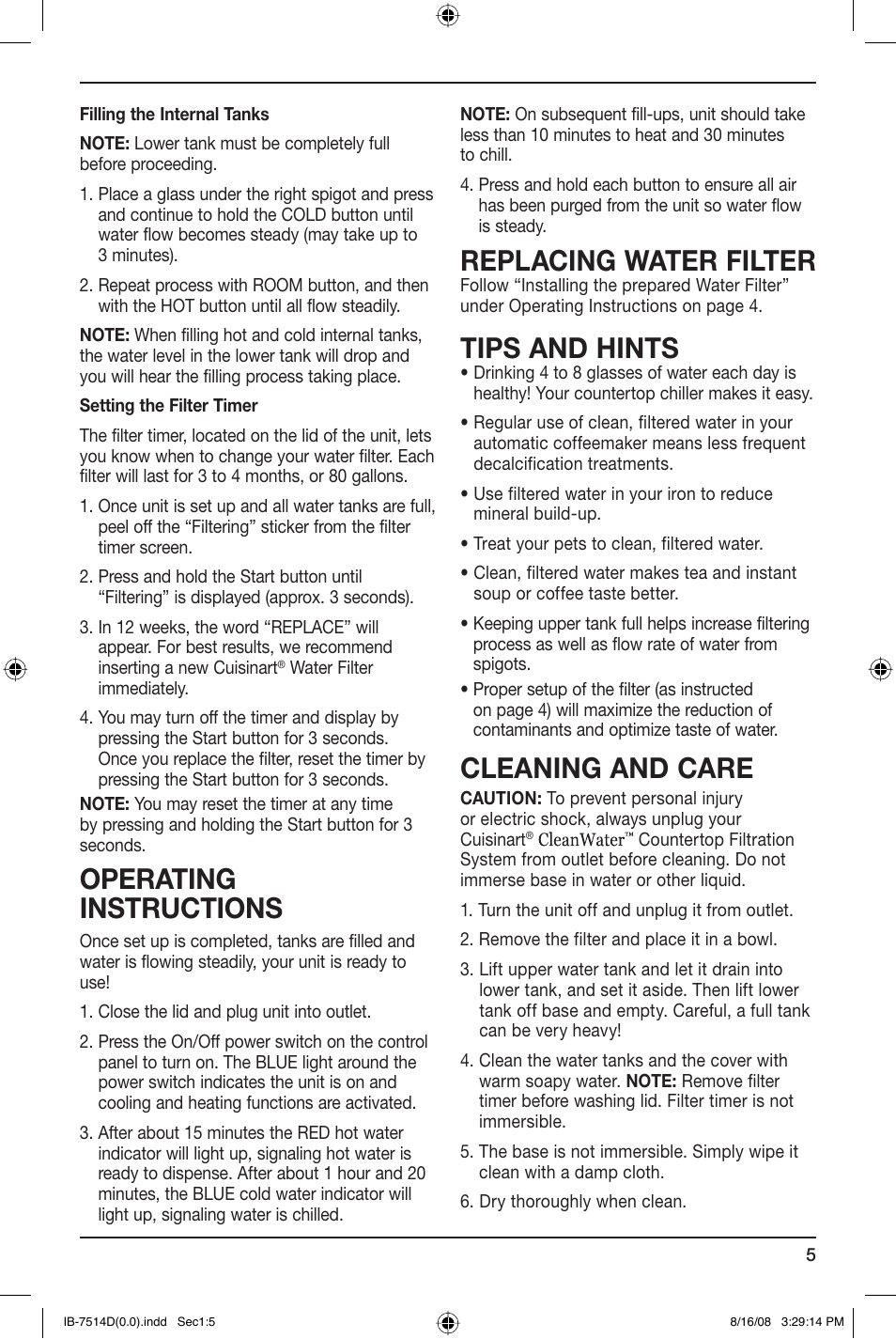 Operating instructions, Replacing water filter, Tips and hints | Cleaning and care | Cuisinart WCH-950 User Manual | Page 5 / 13