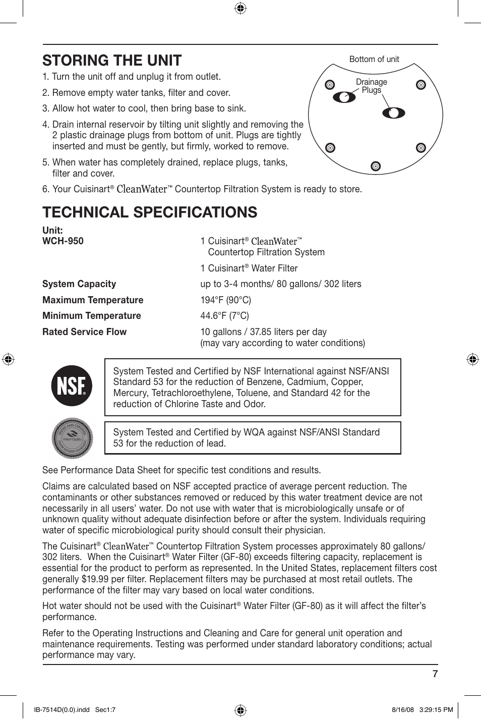 Storing the unit, Technical specifications | Cuisinart WCH-950 User Manual | Page 7 / 13