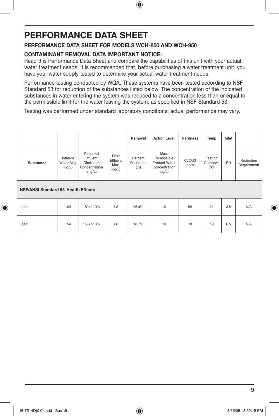 Performance data sheet | Cuisinart WCH-950 User Manual | Page 9 / 13