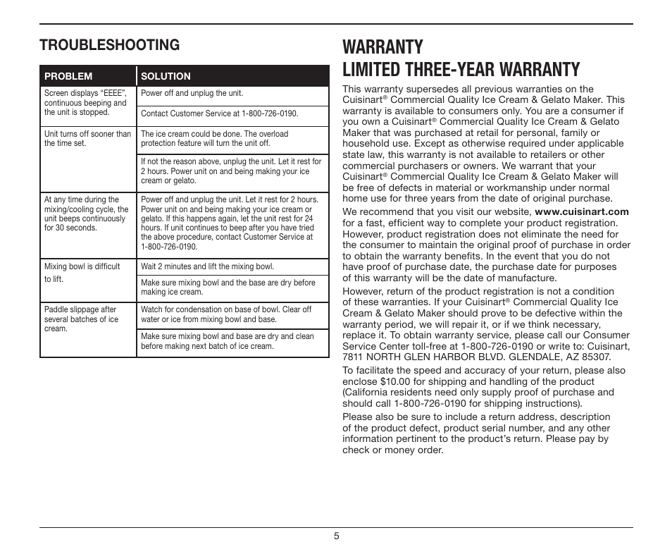 Warranty limited three-year warranty, Troubleshooting | Cuisinart ICE-100 User Manual | Page 5 / 24