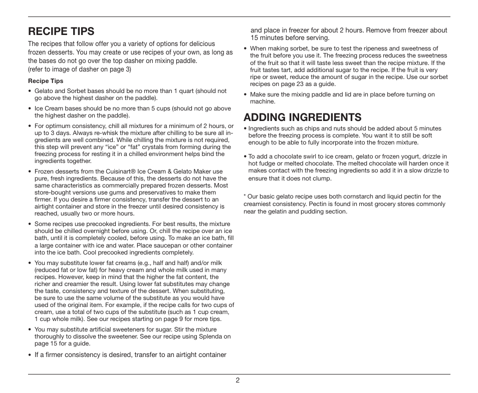 Recipe tips, Adding ingredients | Cuisinart ICE-100 User Manual | Page 8 / 24