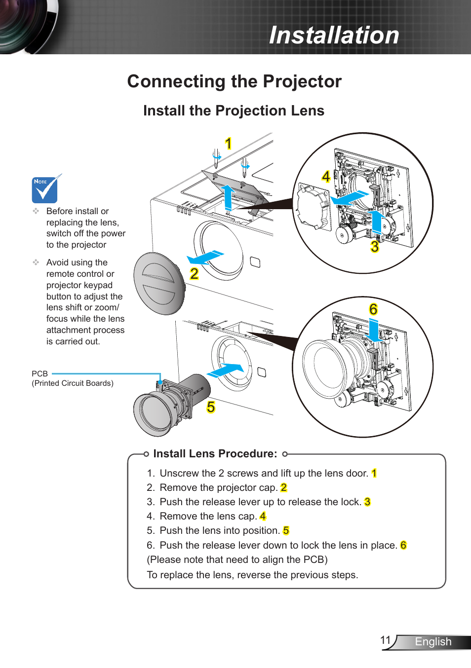 Installation, Connecting the projector, Install the projection lens | Install the projection lens 1 2 5 | Optoma EH7700 User Manual | Page 11 / 81