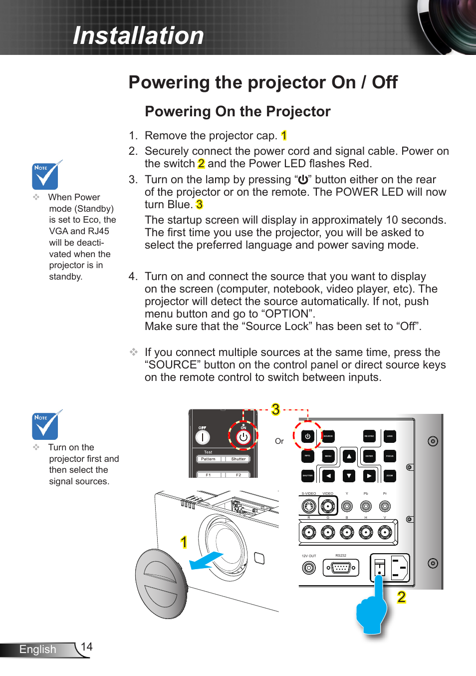 Powering the projector on / off, Powering on the projector, Installation | 14 english | Optoma EH7700 User Manual | Page 14 / 81