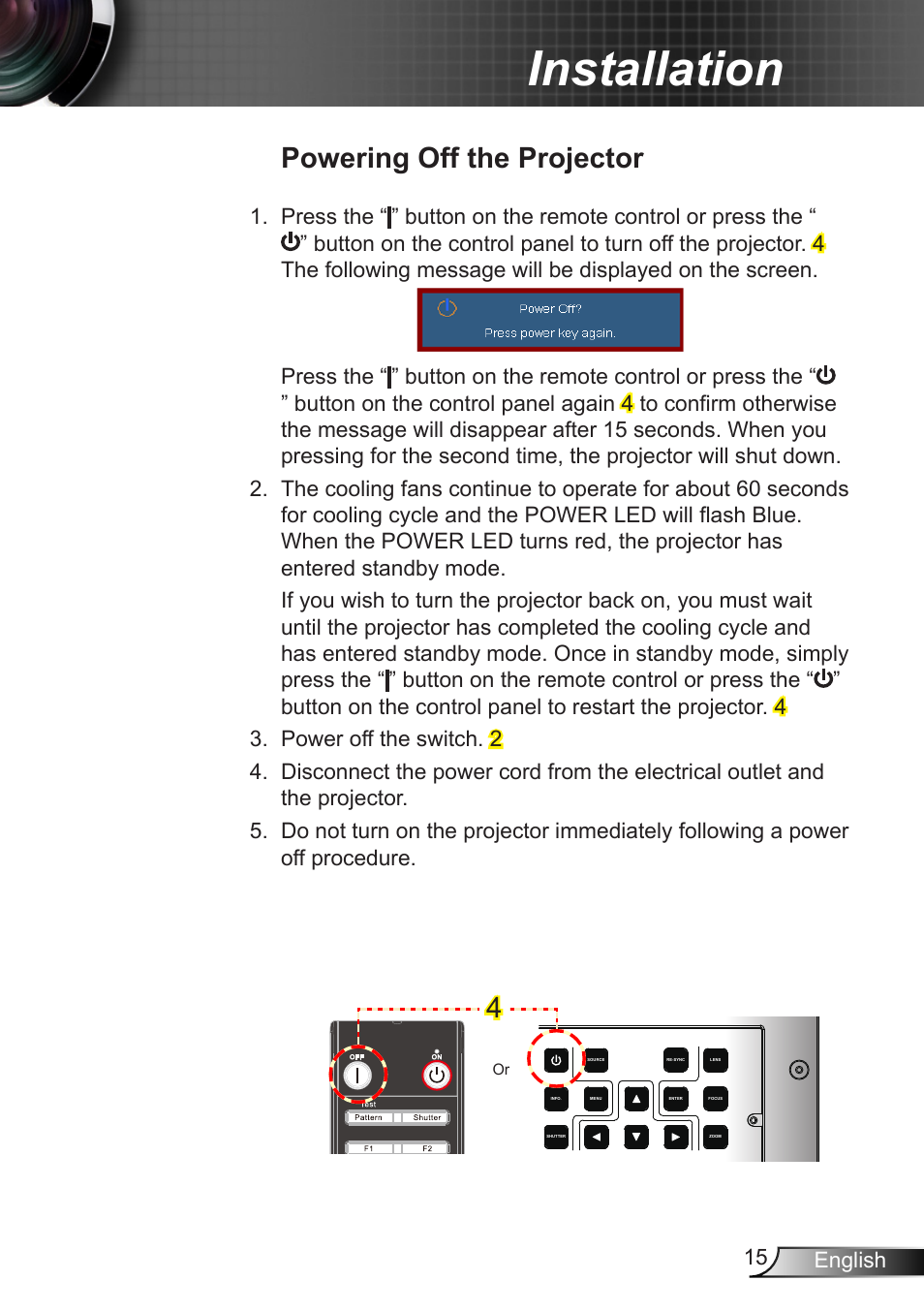 Powering off the projector, Installation, 15 english | Optoma EH7700 User Manual | Page 15 / 81