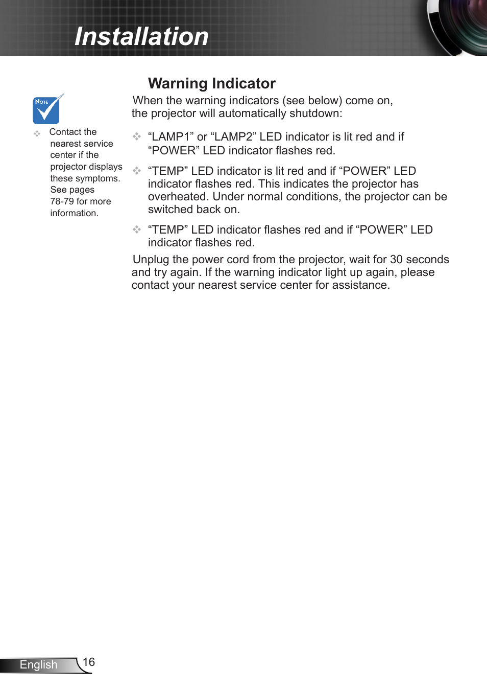 Warning indicator, Installation | Optoma EH7700 User Manual | Page 16 / 81