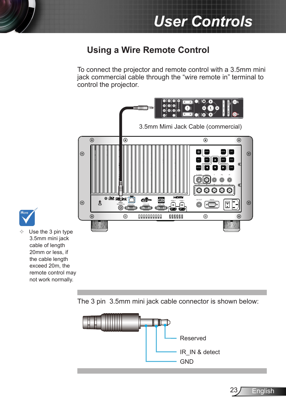 Using a wire remote control, User controls, 23 english | Optoma EH7700 User Manual | Page 23 / 81