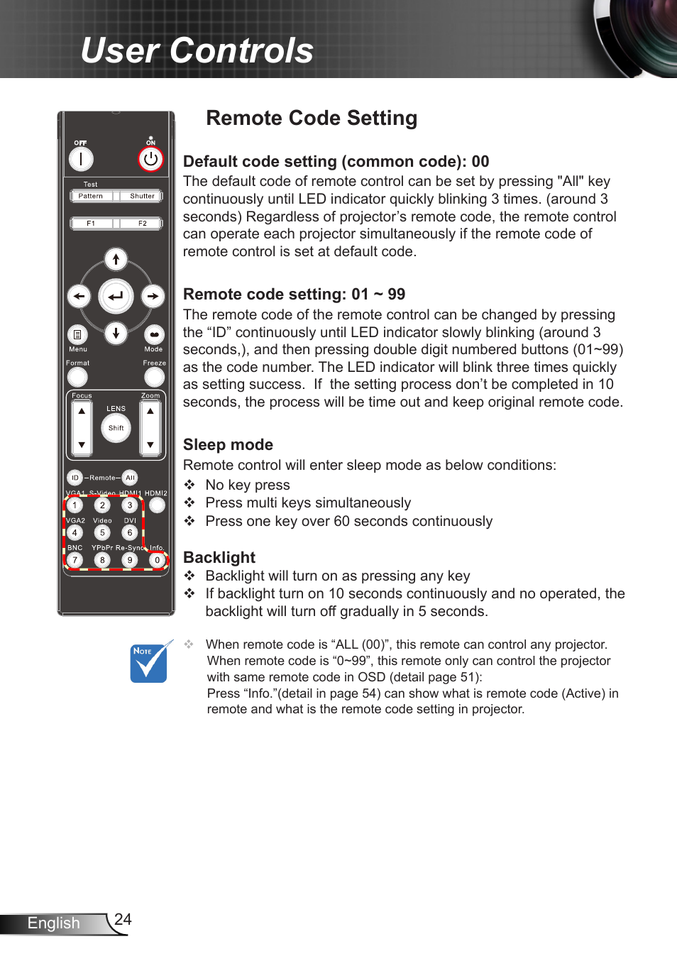 Remote code setting, User controls | Optoma EH7700 User Manual | Page 24 / 81