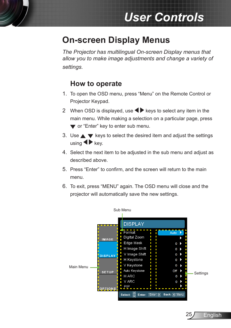 On-screen display menus, How to operate, User controls | Optoma EH7700 User Manual | Page 25 / 81