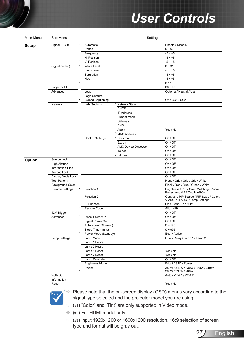 User controls, 27 english, Color” and “tint” are only supported in video mode | For hdmi model only | Optoma EH7700 User Manual | Page 27 / 81