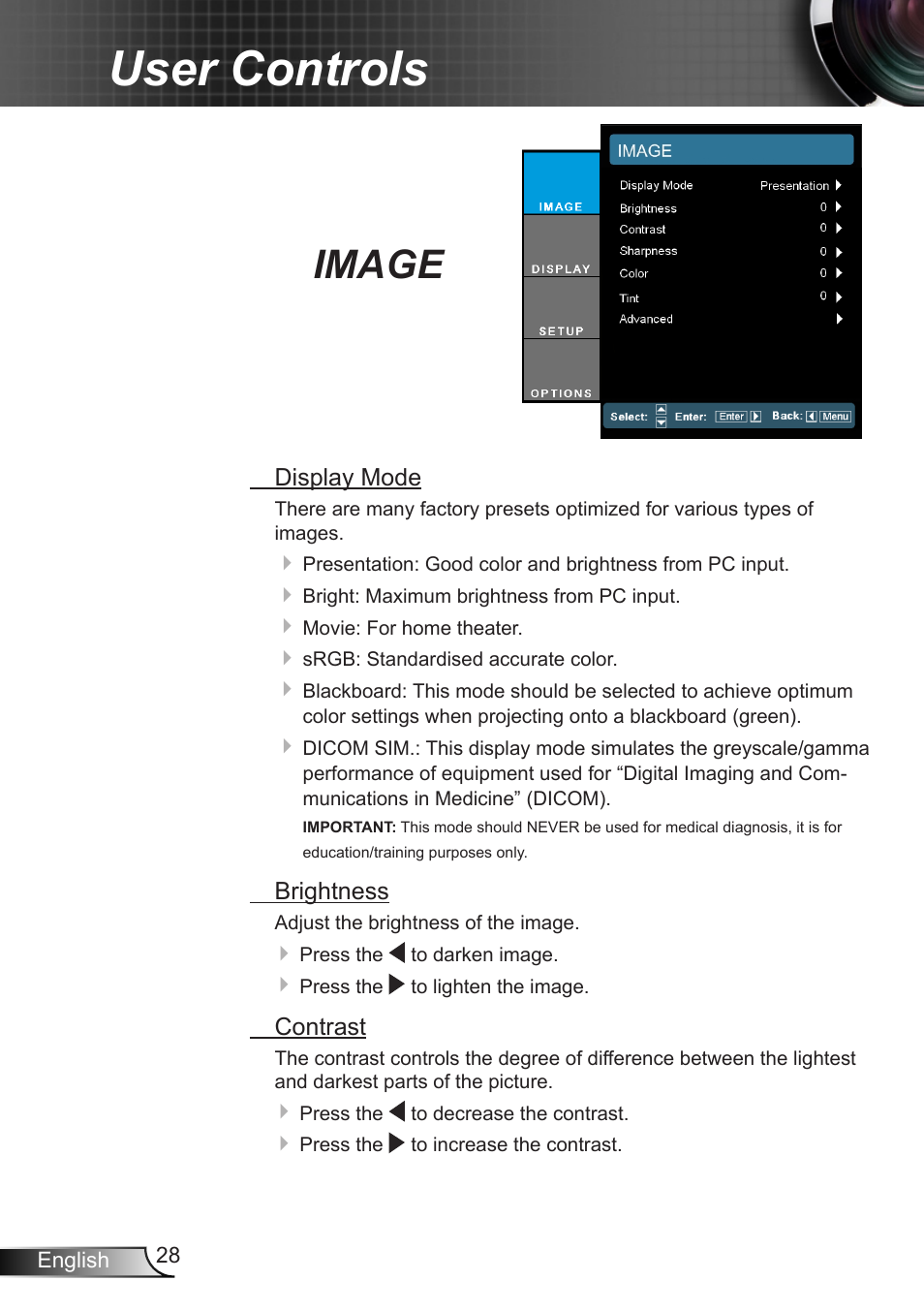 Image, User controls | Optoma EH7700 User Manual | Page 28 / 81