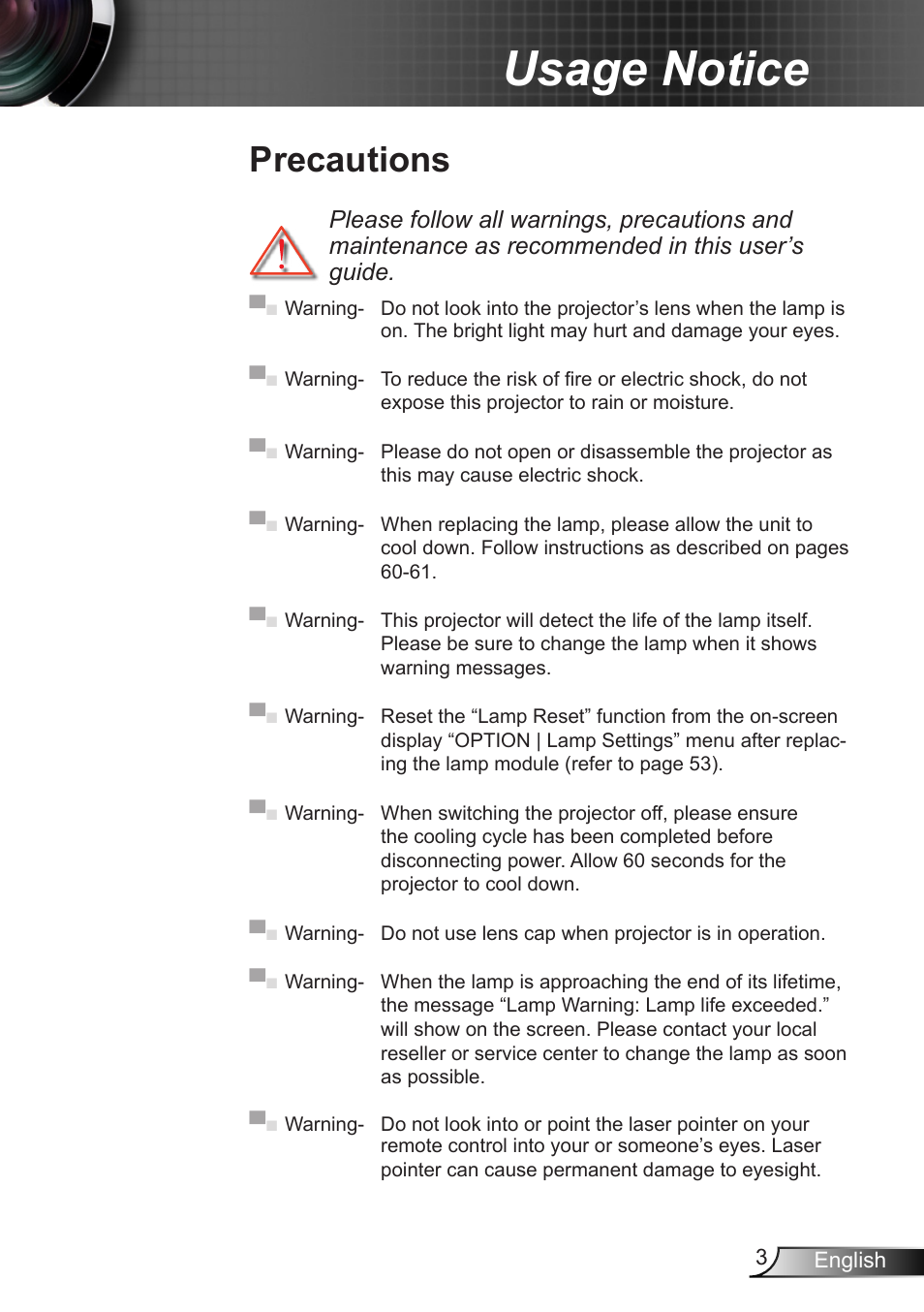 Precautions, Usage notice | Optoma EH7700 User Manual | Page 3 / 81