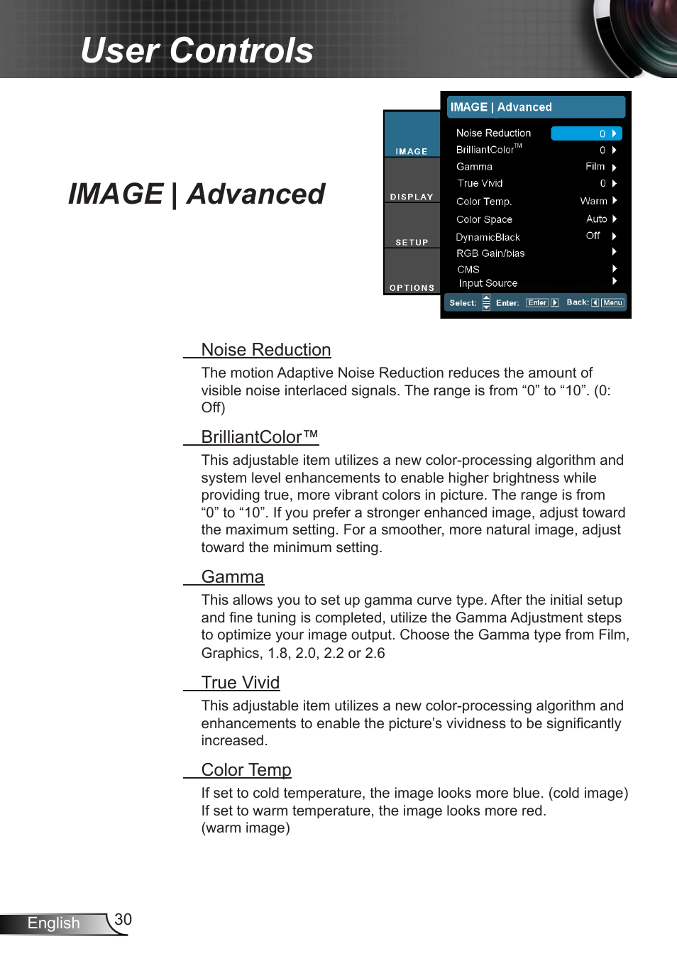 Image | advanced, User controls | Optoma EH7700 User Manual | Page 30 / 81
