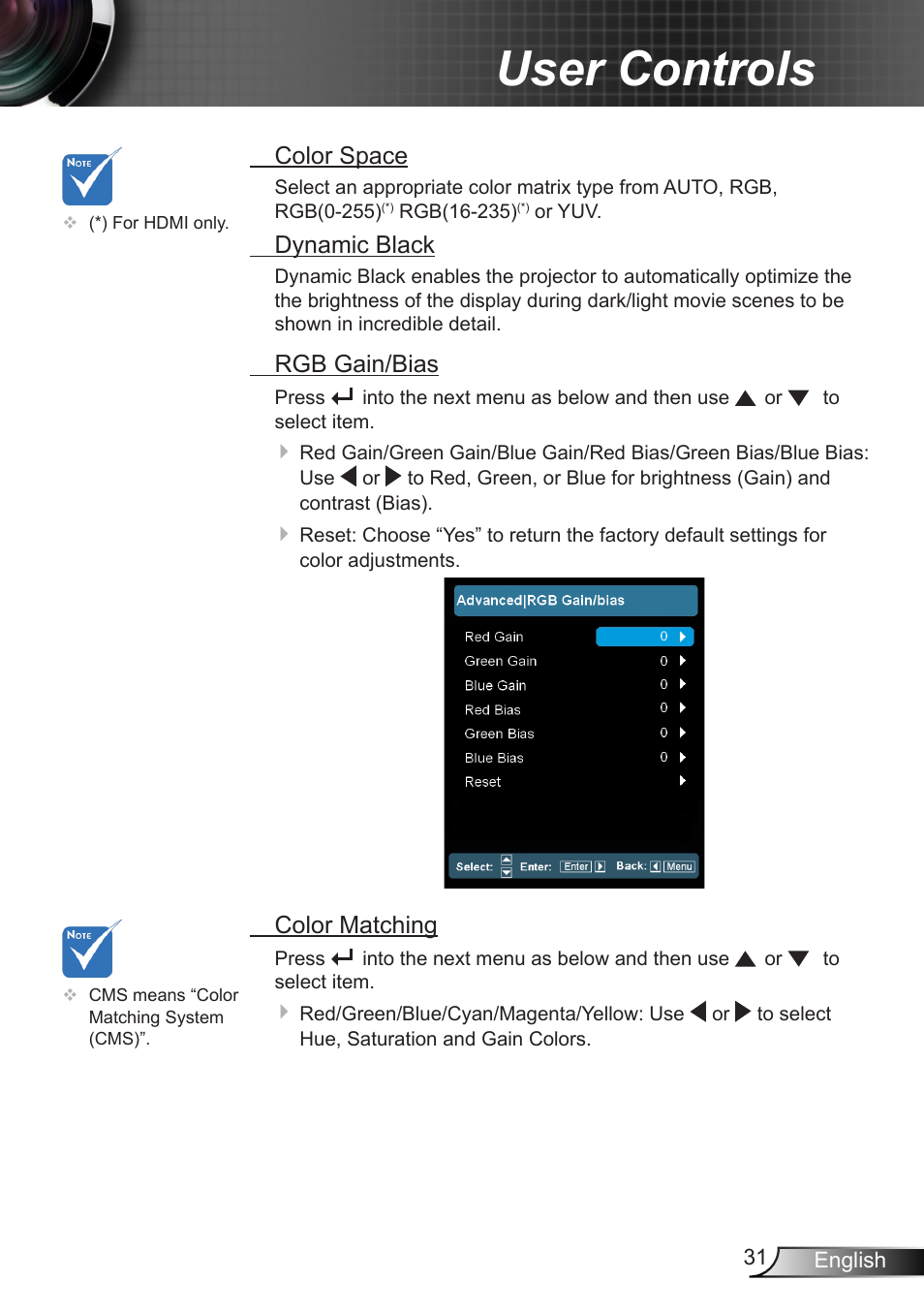 User controls | Optoma EH7700 User Manual | Page 31 / 81