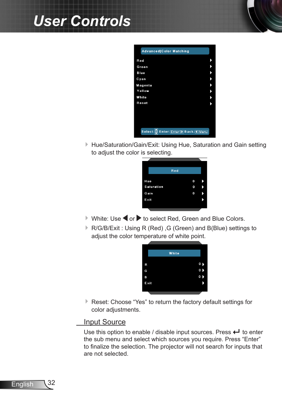 User controls | Optoma EH7700 User Manual | Page 32 / 81