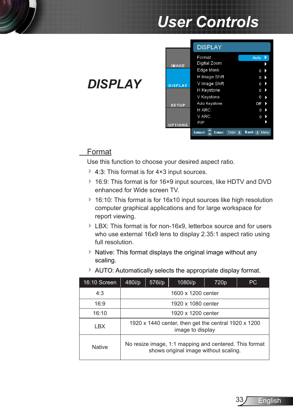 Display, User controls | Optoma EH7700 User Manual | Page 33 / 81