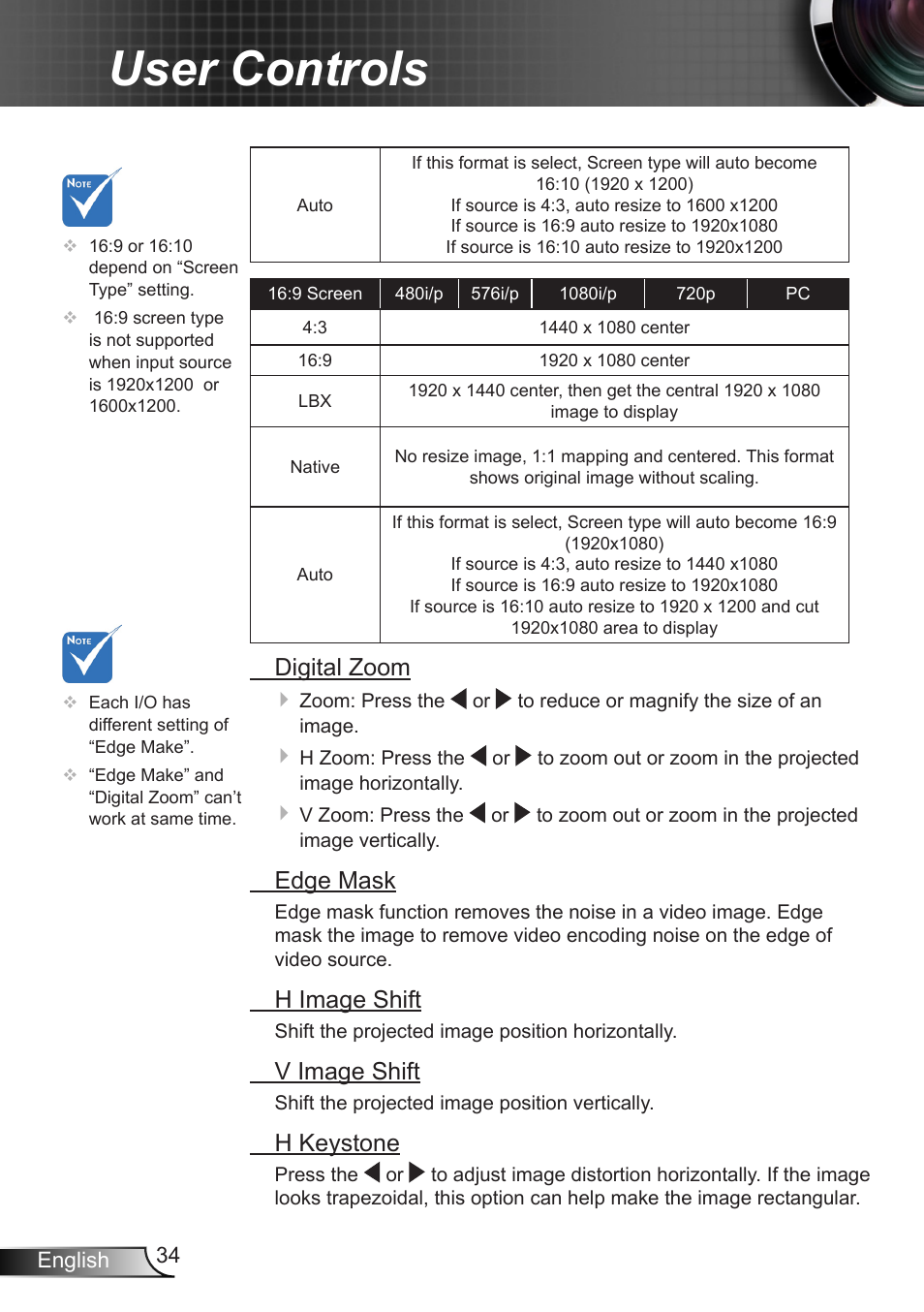 User controls, Digital zoom, Edge mask | H image shift, V image shift, H keystone | Optoma EH7700 User Manual | Page 34 / 81