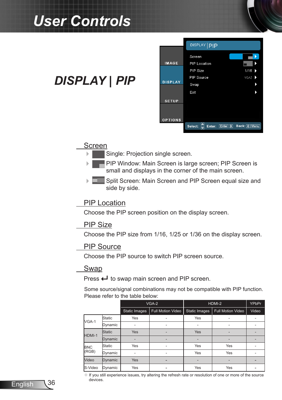 Display | pip, User controls, Screen | Pip location, Pip size, Pip source, Swap, 36 english, Single: projection single screen, Choose the pip source to switch pip screen source | Optoma EH7700 User Manual | Page 36 / 81