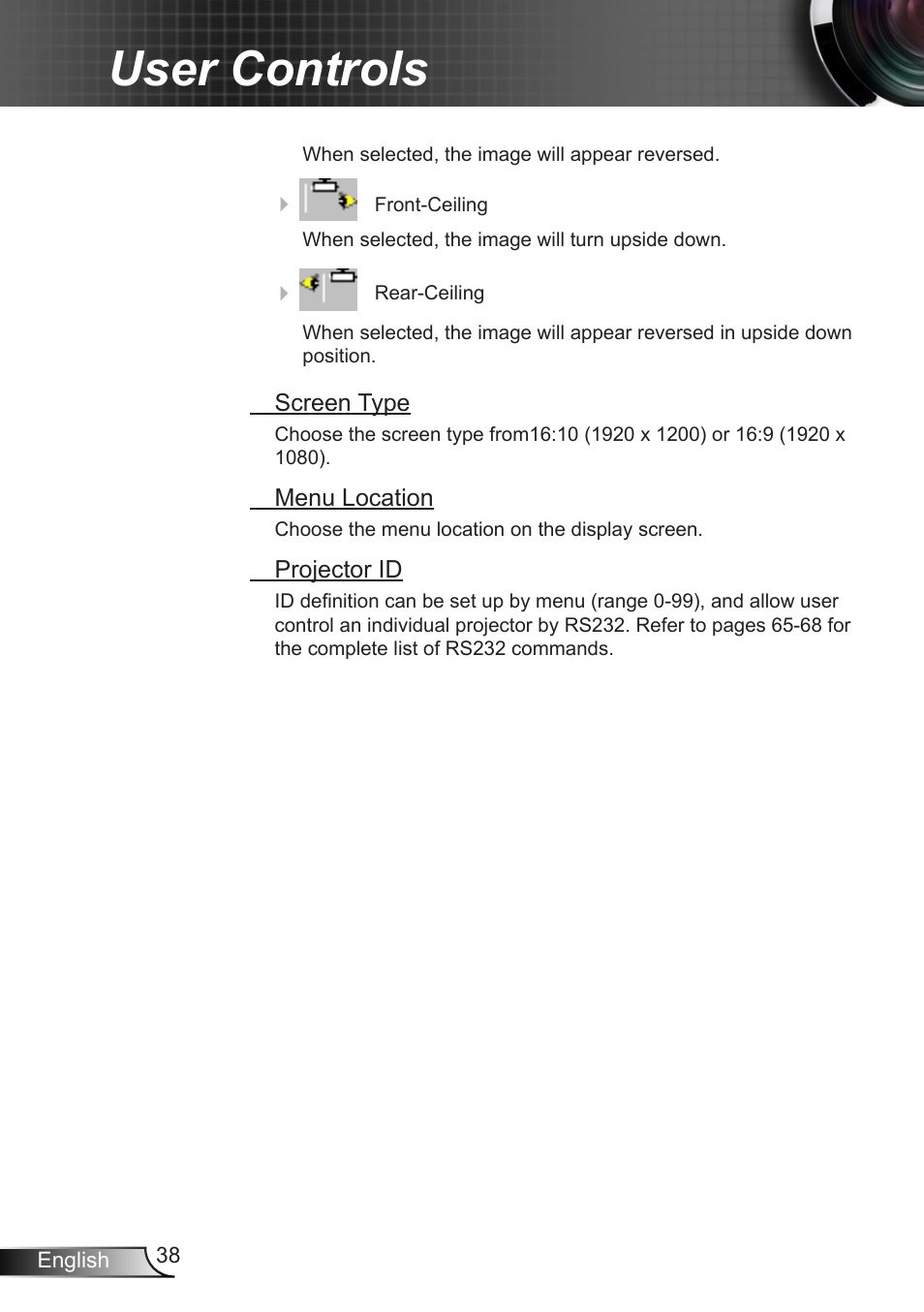 User controls | Optoma EH7700 User Manual | Page 38 / 81