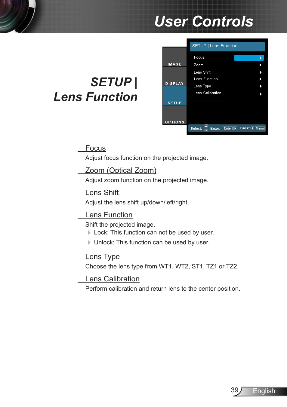 Setup | lens function, User controls | Optoma EH7700 User Manual | Page 39 / 81