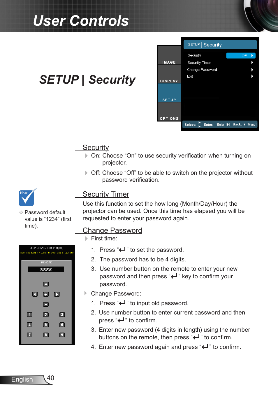 Setup | security, User controls | Optoma EH7700 User Manual | Page 40 / 81