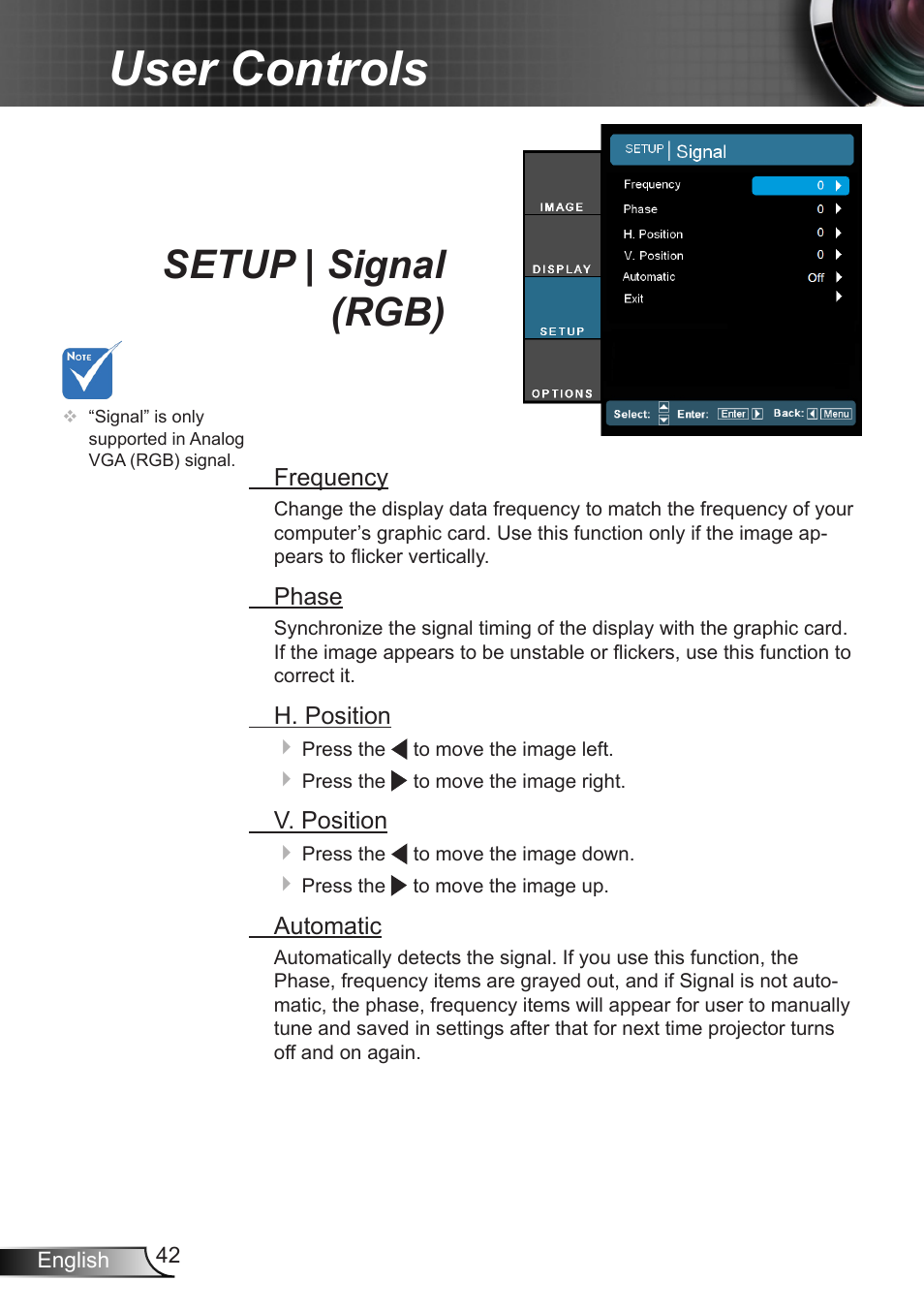 Setup | signal (rgb), User controls | Optoma EH7700 User Manual | Page 42 / 81