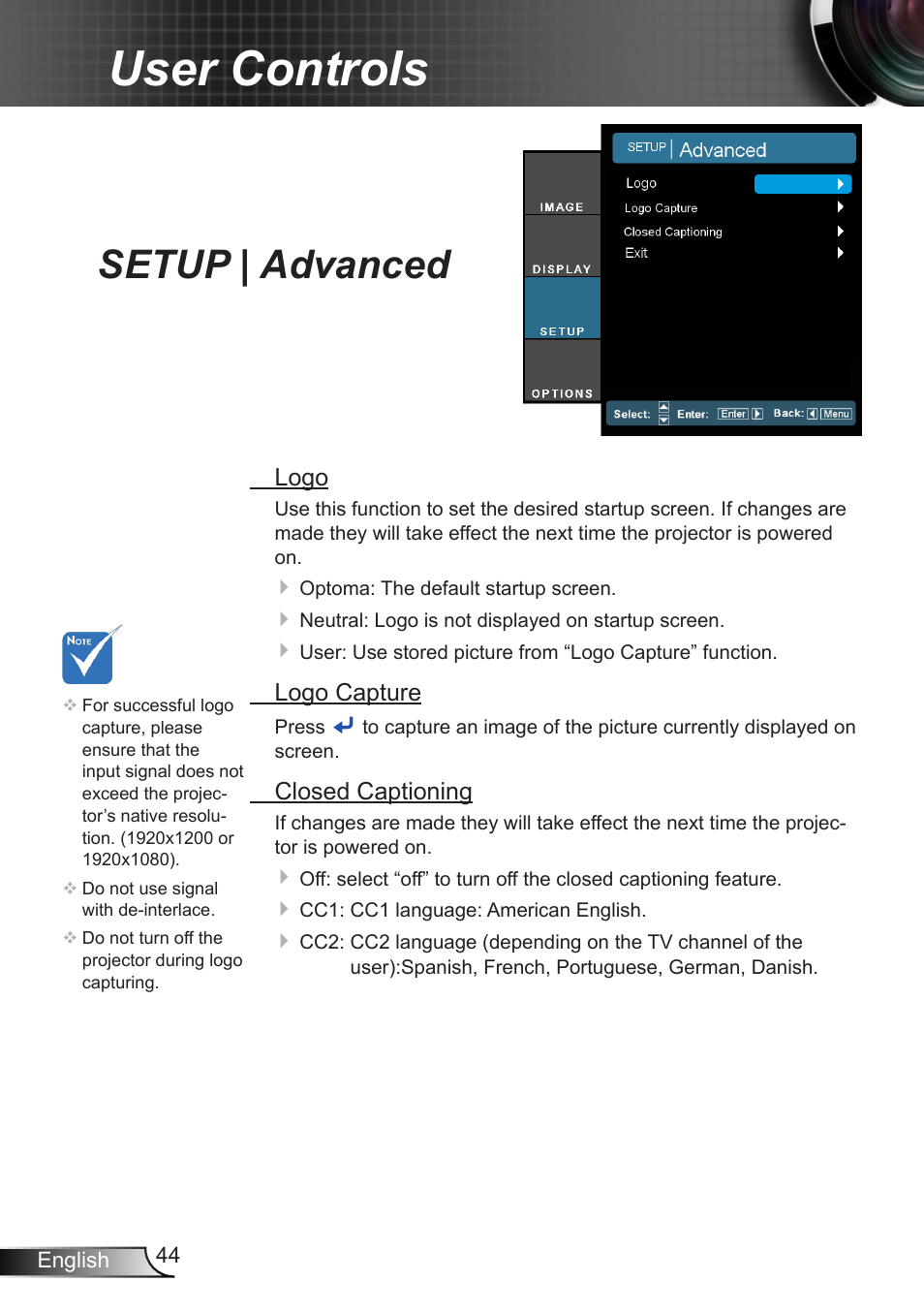 Setup | advanced, User controls | Optoma EH7700 User Manual | Page 44 / 81