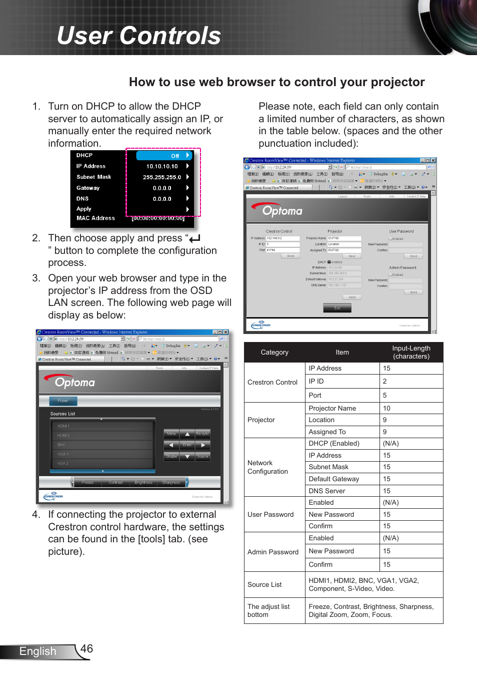User controls, How to use web browser to control your projector, 46 english | Optoma EH7700 User Manual | Page 46 / 81