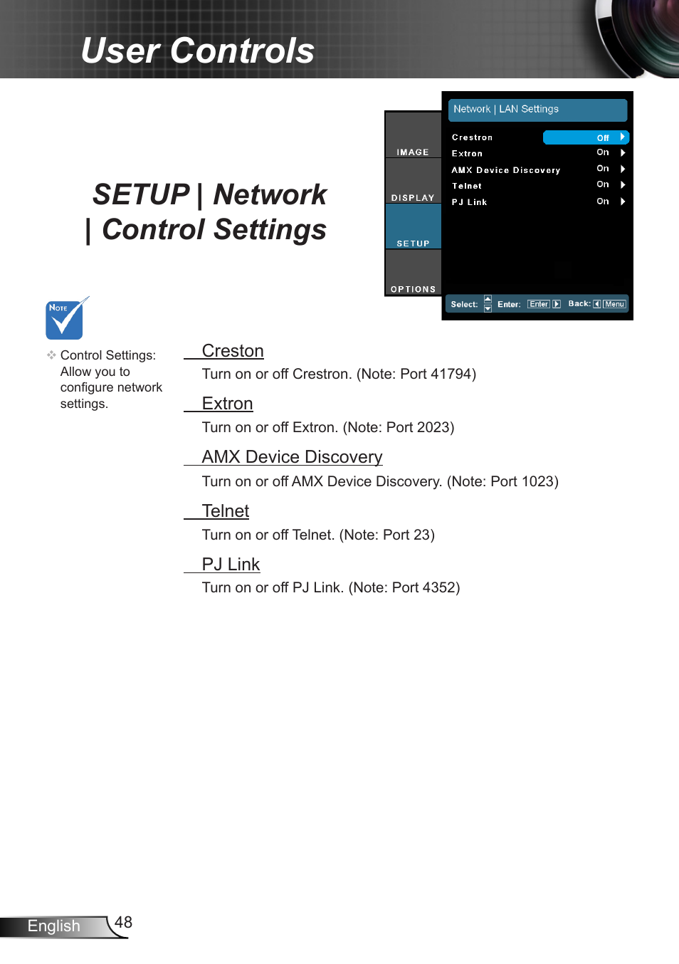 Setup | network | control settings, Setup | network | control settings . 48, User controls | Optoma EH7700 User Manual | Page 48 / 81